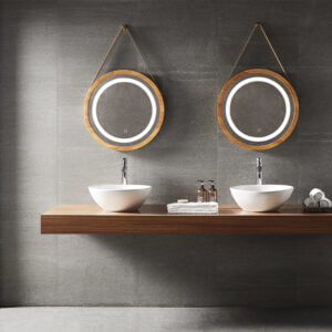 Espejo LED circular colgante con marco de madera Tenerife